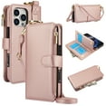 thumbnail image 1 of Crossbody Wallet Case for iPhone 14 Pro RFID Blocking Card Slots, PU Leather Magnetic Snap Wristband Strap Zipper Pocket Phone Case with Stand Secure Ring Buckle for iPhone 14 Pro, Rosegold, 1 of 7