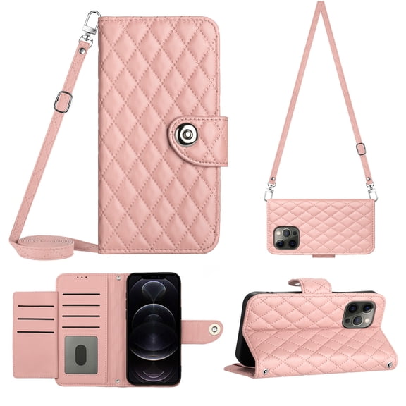 Crossbody Wallet Case for iPhone 14 Pro RFID Blocking Elegant Premium Leather Purse with Credit Card Holder, Shoulder Strap Kickstand Handbag Flip Cover For iPhone 14 Pro, Coralpink