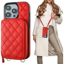 Crossbody Wallet Case for iPhone 14 Pro, RFID Blocking PU Leather Zipper Handbag Purse Flip Cover, Kickstand Folio Case with Card Slots Holder Wrist Strap Lanyard 5G 6.1 Inch (Red)