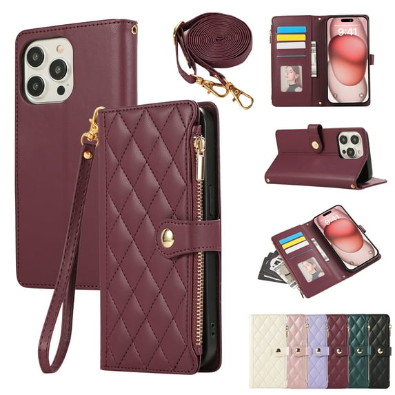 Crossbody Wallet Case for iPhone 14 Pro with Zipper Card Holder & Shoulder Strap & Wrist Strap, RFID Blocking PU Leather Magnetic Flip Kickstand Handbag Purse Case for Women Girls,Winered