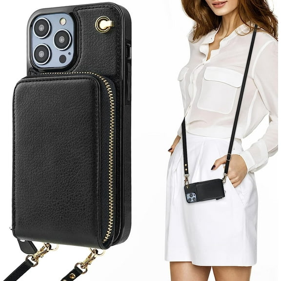 Crossbody Wallet Case for iPhone 14 Pro, Zipper Pocket Case with Card Holder, PU Leather RFID Blocking Protective Cover Case with Kickstand Detachable Wrist Strap Lanyard 6.1" (Black)