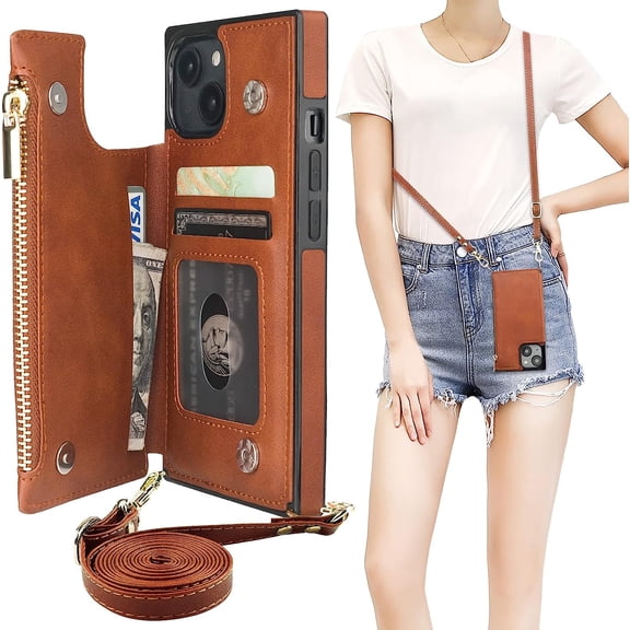 Crossbody Wallet Case for iPhone 14 with RFID Blocking Card Slot Holder, Magnetic Flip Folio Purse Case, PU Leather Zipper Handbag with Detachable Lanyard Strap 6.1 Inch 5G (Brown)