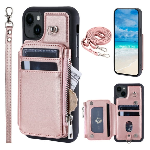 Crossbody Wallet Case for iPhone 15 with Card Slot Holder, Magnetic Flip Folio Purse Case, PU Leather Zipper Handbag with Detachable Lanyard Strap & Shoulder Strap, Rosegold