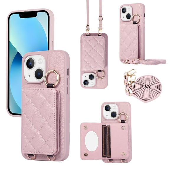 Crossbody Wallet Case for iPhone 15 with Make-up Mirror, PU Leather Lanyard Purse Magnetic Clasp Card Holder, Flip Kickstand Shockproof Phone Cover for iPhone 15, Purple