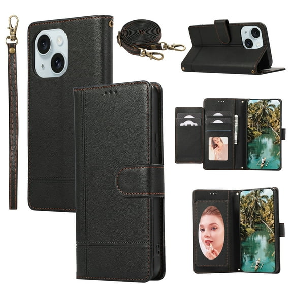 Crossbody Wallet Case for iPhone 15, PU Leather Case Wallet with Lanyard Strap, Card Holder and Make-up Mirror, Full Protection Anti-Scratch Flip Stand Cover for iPhone 15, Black