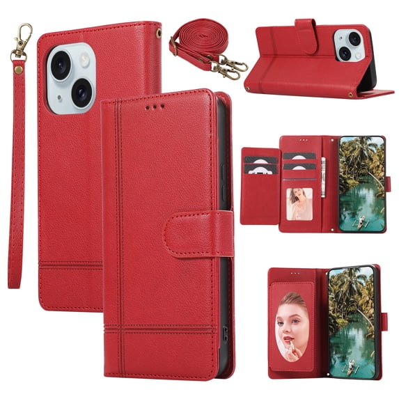 Crossbody Wallet Case for iPhone 15, PU Leather Case Wallet with Lanyard Strap, Card Holder and Make-up Mirror, Full Protection Anti-Scratch Flip Stand Cover for iPhone 15, Red
