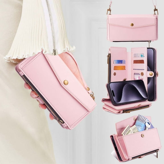 Crossbody Wallet Case for iPhone 15,  PU Leather Zipper Wallet Detachable Magnetic Phone Case,with RFID Blocking Card Holder,Shockproof Protective Cover with pocket Credit Card Slots,Pink