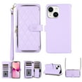thumbnail image 1 of Crossbody Wallet Case for iPhone 15 Plus Chain Lanyard & Wrist Hand Strap Case with Card Slots Zipper Pocket Kickstand, Premium PU Leather Magnetic Clasp Shockproof Flip Cover, Purple, 1 of 9