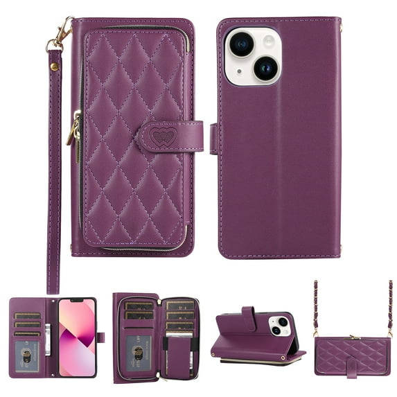 Crossbody Wallet Case for iPhone 15 Plus Chain Lanyard & Wrist Hand Strap Case with Card Slots Zipper Pocket Kickstand, Premium PU Leather Magnetic Clasp Shockproof Flip Cover, Darkpurple