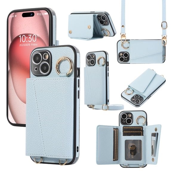 Crossbody Wallet Case for iPhone 15 Plus with Lens Protective Film, Folio PU Leather Case with Card Holder, Shockproof Protection Ring Buckle Phone Case for iPhone 15 Plus, Blue