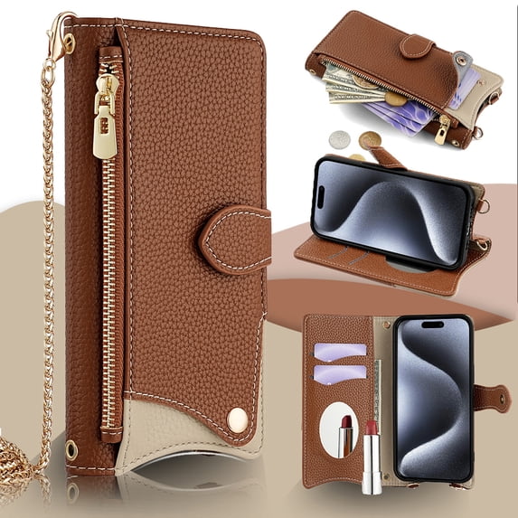 Crossbody Wallet Case for iPhone 15 Plus with Make-up Mirror, Detachable Chain Strap, Zipper Purse Card Slots Adjustable Kickstand, PU Leather Shockproof Full Body Cover for Women Girls, Brown