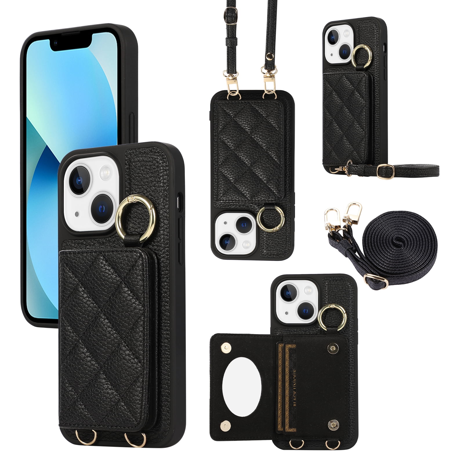 Crossbody Wallet Case for iPhone 15 Plus with Make-up Mirror, PU