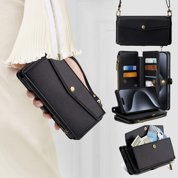 Crossbody Wallet Case for iPhone 15 Plus, with RFID Blocking Card Holder, PU Leather Zipper Wallet Detachable Magnetic Phone Case,Shockproof Protective Cover with pocket Credit Card Slots,Black