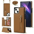 thumbnail image 1 of Crossbody Wallet Case for iPhone 15 Plus with RFID Blocking Card Slot Holder, Magnetic Flip Folio Purse Case, Premium PU Leather Zipper Handbag with Detachable Lanyard Strap, Brown, 1 of 11