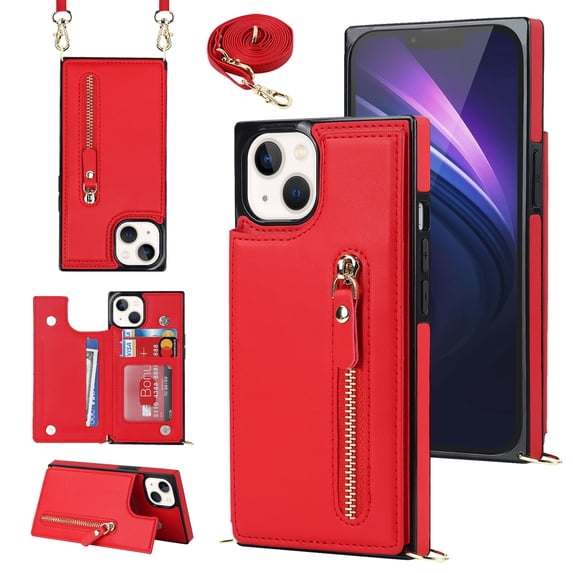 Crossbody Wallet Case for iPhone 15 Plus with RFID Blocking Card Slot Holder, Magnetic Flip Folio Purse Case, Premium PU Leather Zipper Handbag with Detachable Lanyard Strap, Red