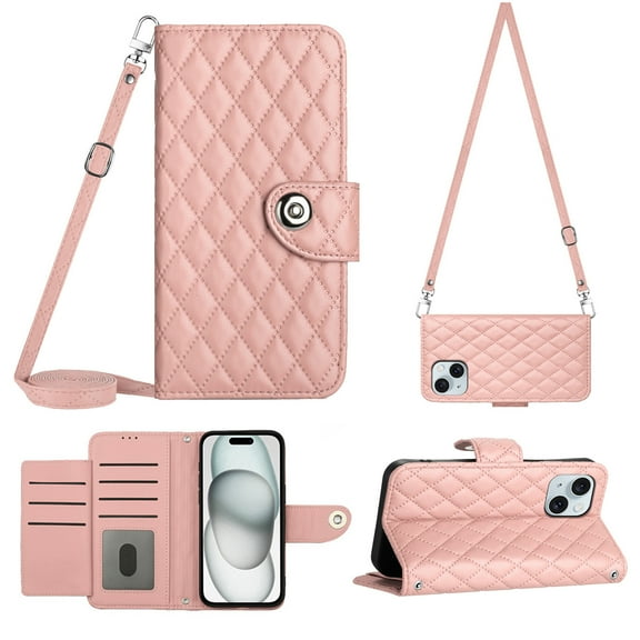Crossbody Wallet Case for iPhone 15 Plus RFID Blocking Elegant Premium Leather Purse with Credit Card Holder, Shoulder Strap Kickstand Handbag Flip Cover For iPhone 15 Plus, Coralpink