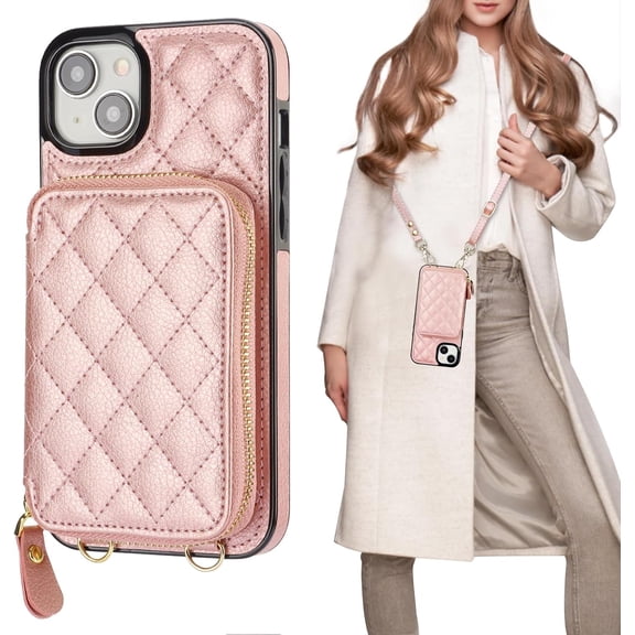 Crossbody Wallet Case for iPhone 15 Plus, RFID Blocking PU Leather Zipper Handbag Purse Flip Cover, Kickstand Folio Case with Card Slots Holder Wrist Strap Lanyard 5G 6.7 Inch (Rose Gold)