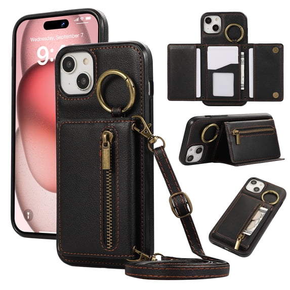 Crossbody Wallet Case for iPhone 15 Plus, with Shoulder Strap Card Slots Ring Holder, Magnetic Flip Folio Zipper Purse Case, PU Leather Kickstand Cover Handbag for iPhone 15 Plus, Black