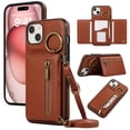 thumbnail image 1 of Crossbody Wallet Case for iPhone 15 Plus, with Shoulder Strap Card Slots Ring Holder, Magnetic Flip Folio Zipper Purse Case, PU Leather Kickstand Cover Handbag for iPhone 15 Plus, Coffee, 1 of 10