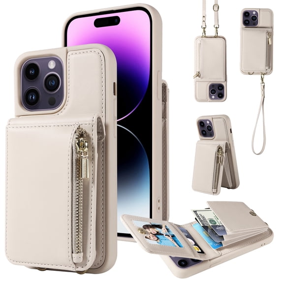 Crossbody Wallet Case for iPhone 15 Pro with Card Holder, RFID-Blocking Phone Case with Zipper Purse Shoulder Strap Lanyard Magnetic Clasp Flip Cover for iPhone 15 Pro, White