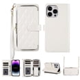 thumbnail image 1 of Crossbody Wallet Case for iPhone 15 Pro Chain Lanyard & Wrist Hand Strap Case with Card Slots Zipper Pocket Kickstand, Premium PU Leather Magnetic Clasp Shockproof Flip Cover, White, 1 of 8