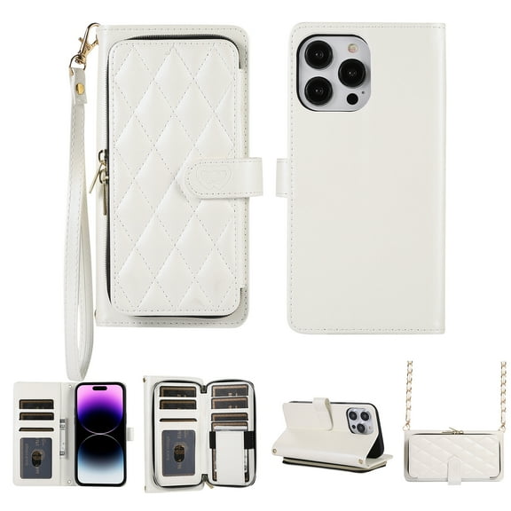Crossbody Wallet Case for iPhone 15 Pro Chain Lanyard & Wrist Hand Strap Case with Card Slots Zipper Pocket Kickstand, Premium PU Leather Magnetic Clasp Shockproof Flip Cover, White