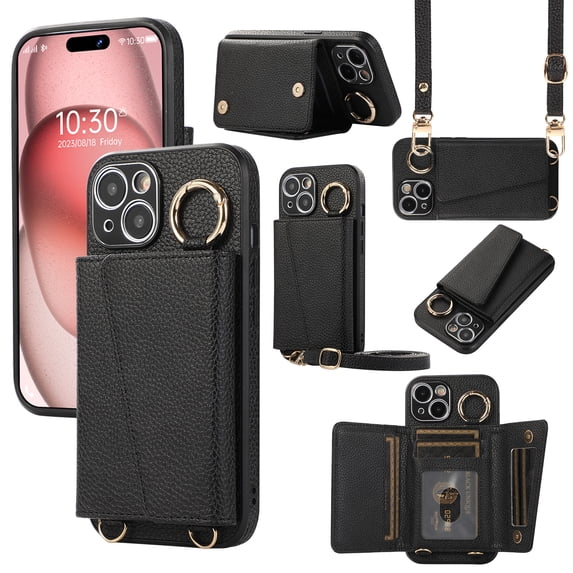 Crossbody Wallet Case for iPhone 15 Pro with Lens Protective Film, Folio PU Leather Case with Card Holder, Shockproof Protection Ring Buckle Phone Case for iPhone 15 Pro, Black