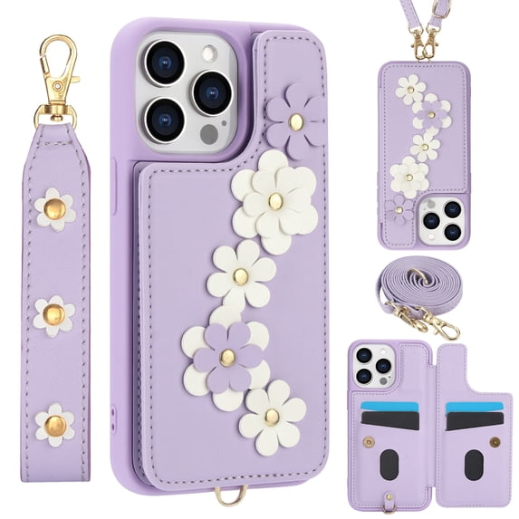 Crossbody Wallet Case for iPhone 15 Pro, Magnetic Back Flip Kickstand Floral PU Leather Phone Case with RFID Blocking Card Holder Wristlet Strap Shoulder Purse for Women,Purple