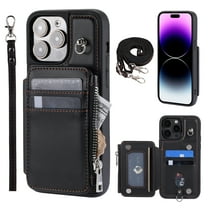 Crossbody Wallet Case for iPhone 15 Pro Max with Card Slot Holder, Magnetic Flip Folio Purse Case, PU Leather Zipper Handbag with Detachable Lanyard Strap & Shoulder Strap, Black