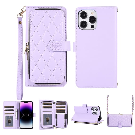 Crossbody Wallet Case for iPhone 15 Pro Max Chain Lanyard & Wrist Hand Strap Case with Card Slots Zipper Pocket Kickstand, Premium PU Leather Magnetic Clasp Shockproof Flip Cover, Purple