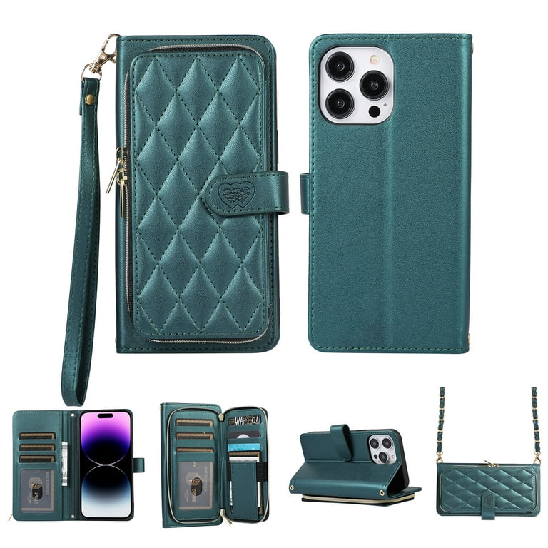 Crossbody Wallet Case for iPhone 15 Pro Max Chain Lanyard & Wrist Hand  Strap Case with Card Slots Zipper Pocket Kickstand, Premium PU Leather  Magnetic Clasp Shockproof Flip Cover, Darkgreen 