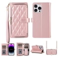 thumbnail image 1 of Crossbody Wallet Case for iPhone 15 Pro Max Chain Lanyard & Wrist Hand Strap Case with Card Slots Zipper Pocket Kickstand, Premium PU Leather Magnetic Clasp Shockproof Flip Cover, Rosegold, 1 of 9