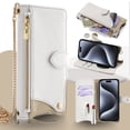 thumbnail image 1 of Crossbody Wallet Case for iPhone 15 Pro Max with Make-up Mirror, Detachable Chain Strap, Zipper Purse Card Slots Adjustable Kickstand, PU Leather Shockproof Full Body Cover for Women Girls, White, 1 of 8
