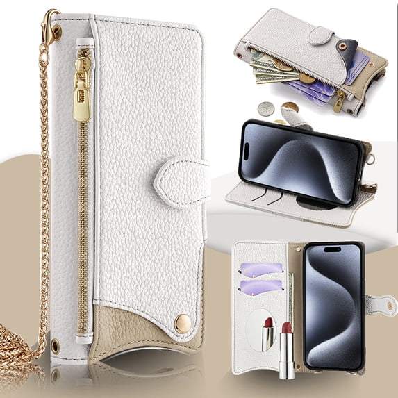 Crossbody Wallet Case for iPhone 15 Pro Max with Make-up Mirror, Detachable Chain Strap, Zipper Purse Card Slots Adjustable Kickstand, PU Leather Shockproof Full Body Cover for Women Girls, White