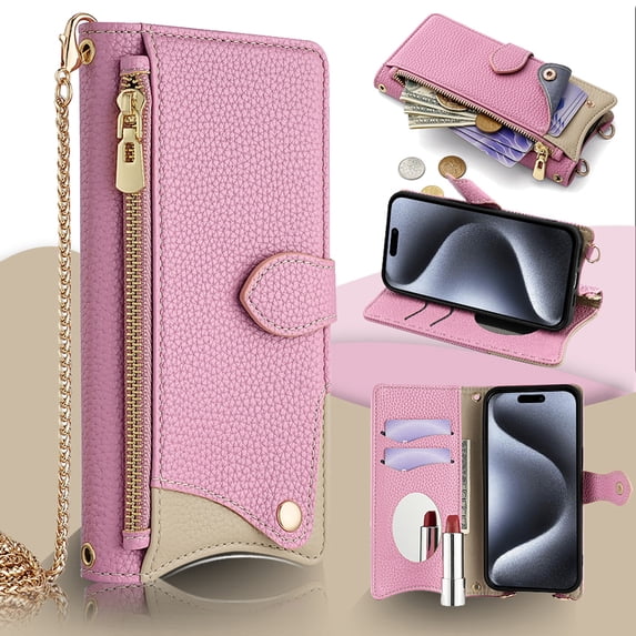 Crossbody Wallet Case for iPhone 15 Pro Max with Make-up Mirror, Detachable Chain Strap, Zipper Purse Card Slots Adjustable Kickstand, PU Leather Shockproof Full Body Cover for Women Girls, Pink