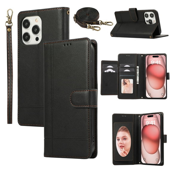 Crossbody Wallet Case for iPhone 15 Pro Max, PU Leather Case Wallet with Lanyard Strap, Card Holder and Make-up Mirror, Full Protection Anti-Scratch Flip Stand Cover for iPhone 15 Pro Max, Black
