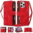 thumbnail image 1 of Crossbody Wallet Case for iPhone 15 Pro Max, Premium PU Leather Phone Case with RFID Blocking Card Holder Zipper, Wrist Strap & Lanyard, Flip Stand Purse Cover for iPhone 15 Pro Max, Red, 1 of 9