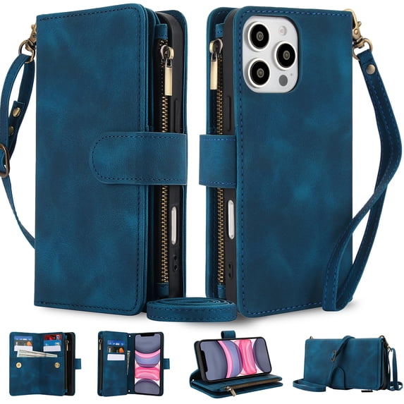 Crossbody Wallet Case for iPhone 15 Pro Max, Premium PU Leather Phone Case with RFID Blocking Card Holder Zipper, Wrist Strap & Lanyard, Flip Stand Purse Cover for iPhone 15 Pro Max, Blue