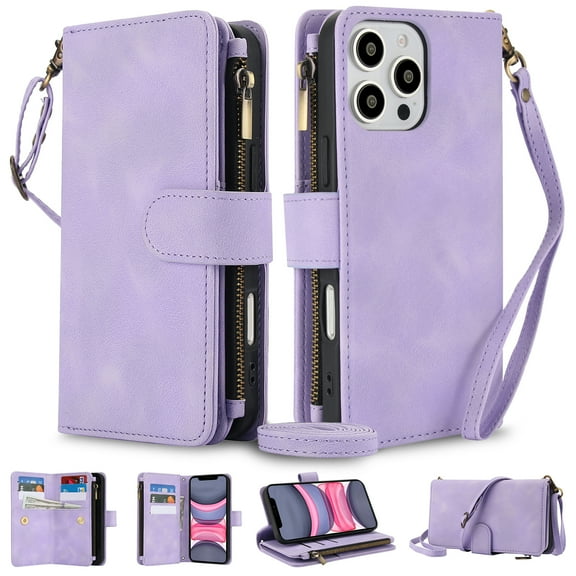 Crossbody Wallet Case for iPhone 15 Pro Max, Premium PU Leather Phone Case with RFID Blocking Card Holder Zipper, Wrist Strap & Lanyard, Flip Stand Purse Cover for iPhone 15 Pro Max, Purple