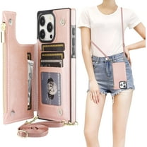 Crossbody Wallet Case for iPhone 15 Pro Max with RFID Blocking Card Slot Holder, Magnetic Flip Folio Purse Case, PU Leather Zipper Handbag with Detachable Lanyard Strap 6.7 Inch 5G (Rose Gold)
