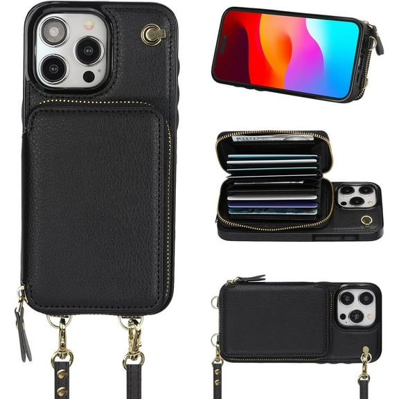 Crossbody Wallet Case for iPhone 15 Pro Max, RFID Blocking Leather Purse Case with Card Holder, Protective Handbag Flip Cover with Zipper Wrist Strap Lanyard for Women 5G 6.7 Inch (Black)