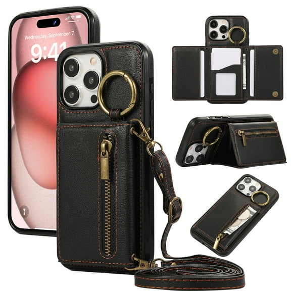 Crossbody Wallet Case for iPhone 15 Pro Max, with Shoulder Strap Card Slots Ring Holder, Magnetic Flip Folio Zipper Purse Case, PU Leather Kickstand Cover Handbag for iPhone 15 Pro Max, Black