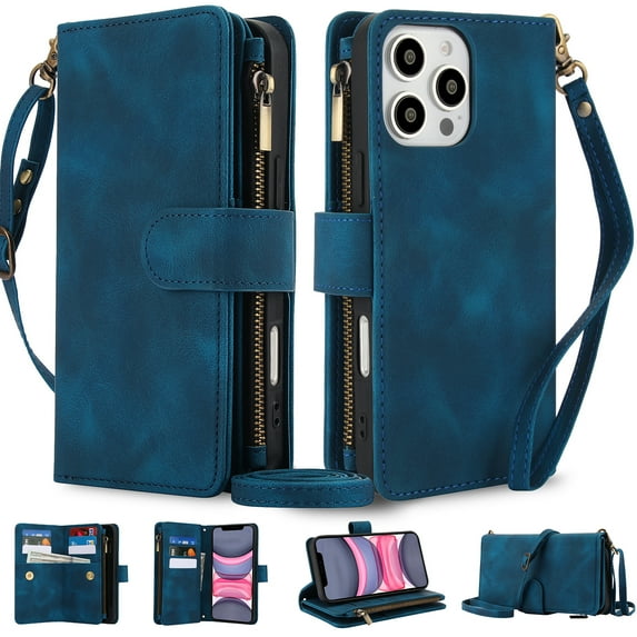 Crossbody Wallet Case for iPhone 15 Pro, Premium PU Leather Phone Case with RFID Blocking Card Holder Zipper, Wrist Strap & Lanyard, Flip Stand Purse Cover for iPhone 15 Pro, Blue