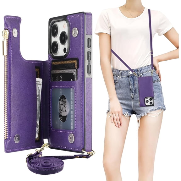 Crossbody Wallet Case for iPhone 15 Pro with RFID Blocking Card Slot Holder, Magnetic Flip Folio Purse Case, PU Leather Zipper Handbag with Detachable Lanyard Strap 6.1 Inch 5G (Purple)