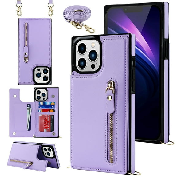 Crossbody Wallet Case for iPhone 15 Pro with RFID Blocking Card Slot Holder, Magnetic Flip Folio Purse Case, Premium PU Leather Zipper Handbag with Detachable Lanyard Strap, Purple