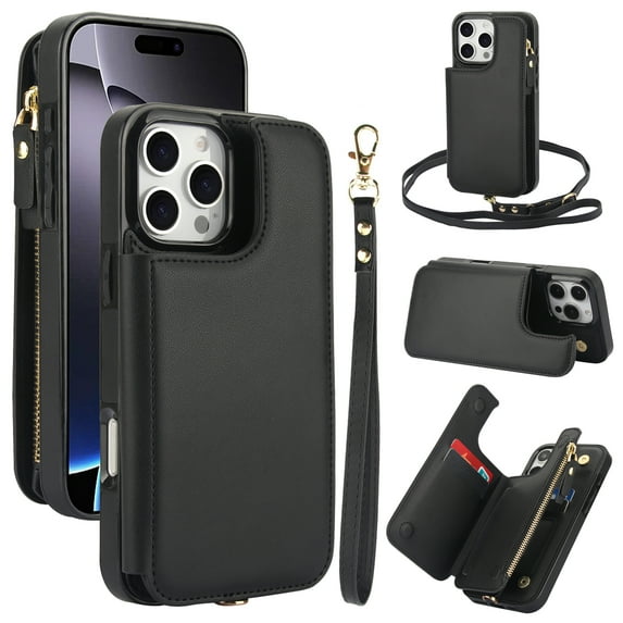Crossbody Wallet Case for iPhone 15 Pro, RFID Blocking Leather Purse Case with Card Holder, Double Flip-top Designing,Protective Flip Cover with Zipper Wrist Strap & Lanyard,Black