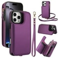 thumbnail image 1 of Crossbody Wallet Case for iPhone 15 Pro, RFID Blocking Leather Purse Case with Card Holder, Double Flip-top Designing,Protective Flip Cover with Zipper Wrist Strap & Lanyard,Darkpurple, 1 of 8