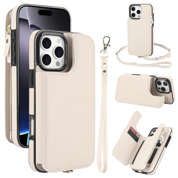 Crossbody Wallet Case for iPhone 15 Pro, RFID Blocking Leather Purse Case with Card Holder, Double Flip-top Designing,Protective Flip Cover with Zipper Wrist Strap & Lanyard,White