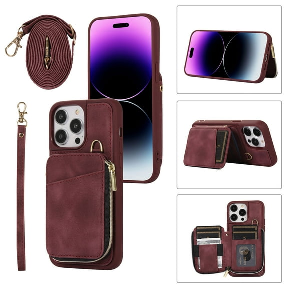 Crossbody Wallet Case for iPhone 15 Pro, Zipper Pocket Case with Card Holder, PU Leather Protective Cover Case with Kickstand Detachable Wrist Strap Lanyard for 6.1", Winered