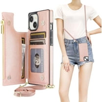 Crossbody Wallet Case for iPhone 15 with RFID Blocking Card Slot Holder, Magnetic Flip Folio Purse Case, PU Leather Zipper Handbag with Detachable Lanyard Strap 6.1 Inch 5G (Rose Gold)